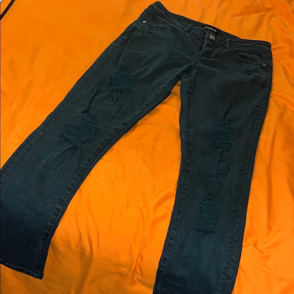 bebe Dark Green Distressed Straight Leg Jeans